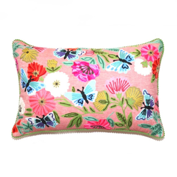 Kissen mit Schmetterlingen & Blumenstickerei – Rosa