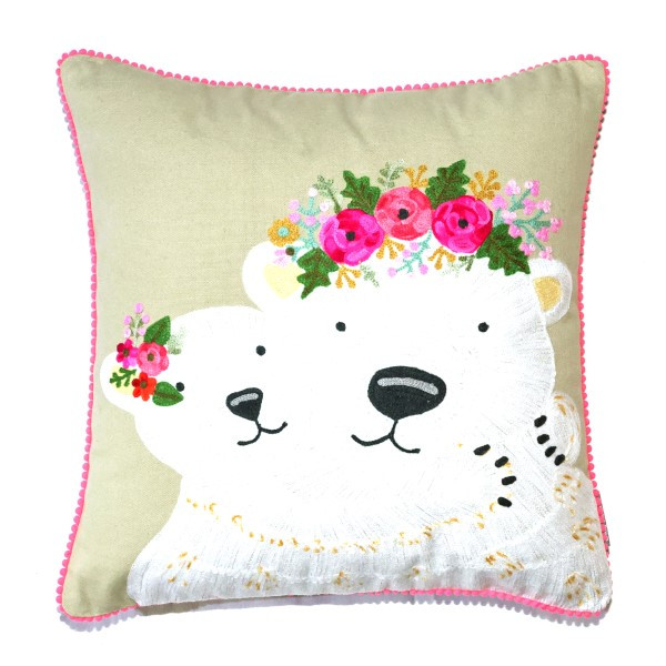 Leinwandkissen mit Eisbären & Blumenstickerei – Grau