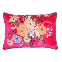 Samtkissen mit Blumen & Kugel-Borte – Fuchsie/Rosa
