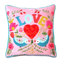 Samtkissen mit Vogelstickerei & 'Love'-Schriftzug – Rosa