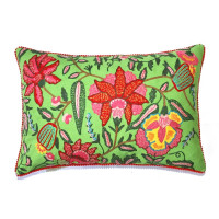 Leinwandkissen mit Retro-Blumenstickerei & Pomponborte – Grün