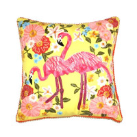Leinwandkissen mit Flamingo-Stickerei & Pompon-Borte – Gelb