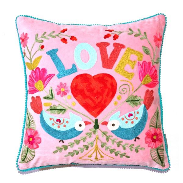 Samtkissen mit Vogelstickerei & 'Love'-Schriftzug – Rosa